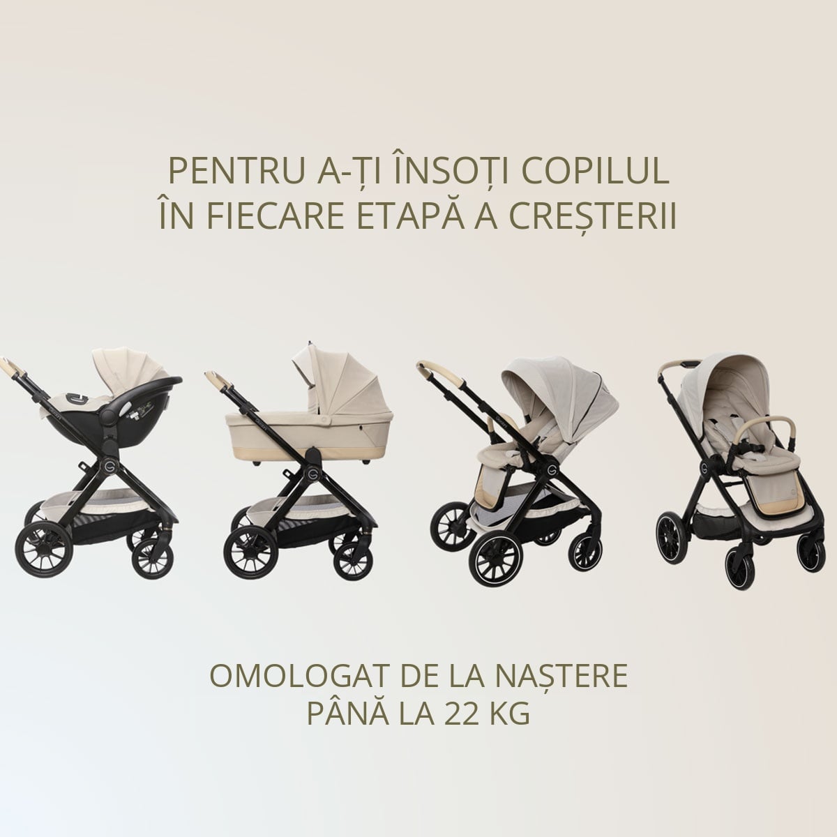 Carucior 3 în 1 Giordani G-Comfort, cărucior sport, landou și scoică auto, pliere automată, beige (bej), 0–22 kg