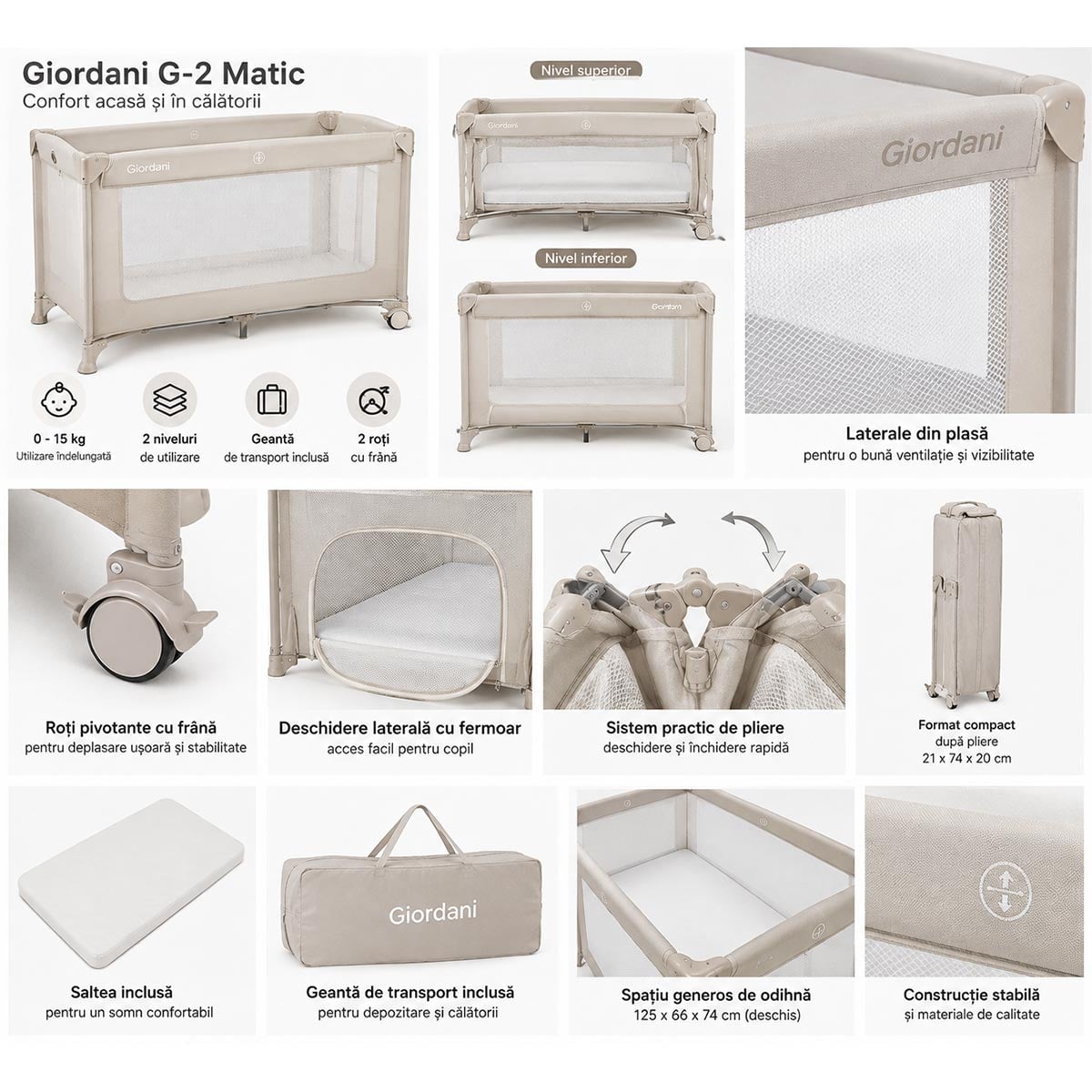Pătuț pliabil Giordani G-2 Matic, 2 niveluri, 0–15 kg, Beige (bej)