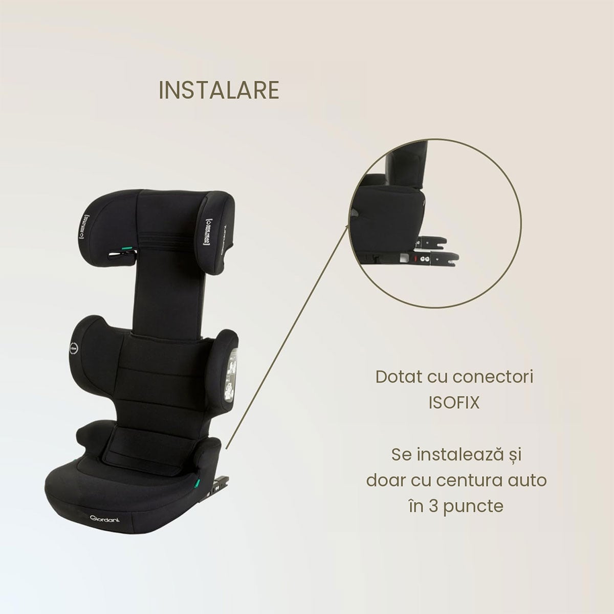 Scaun auto Giordani Ares i-Size, 100–150cm, spătar pliabil, black (negru), 3–12ani