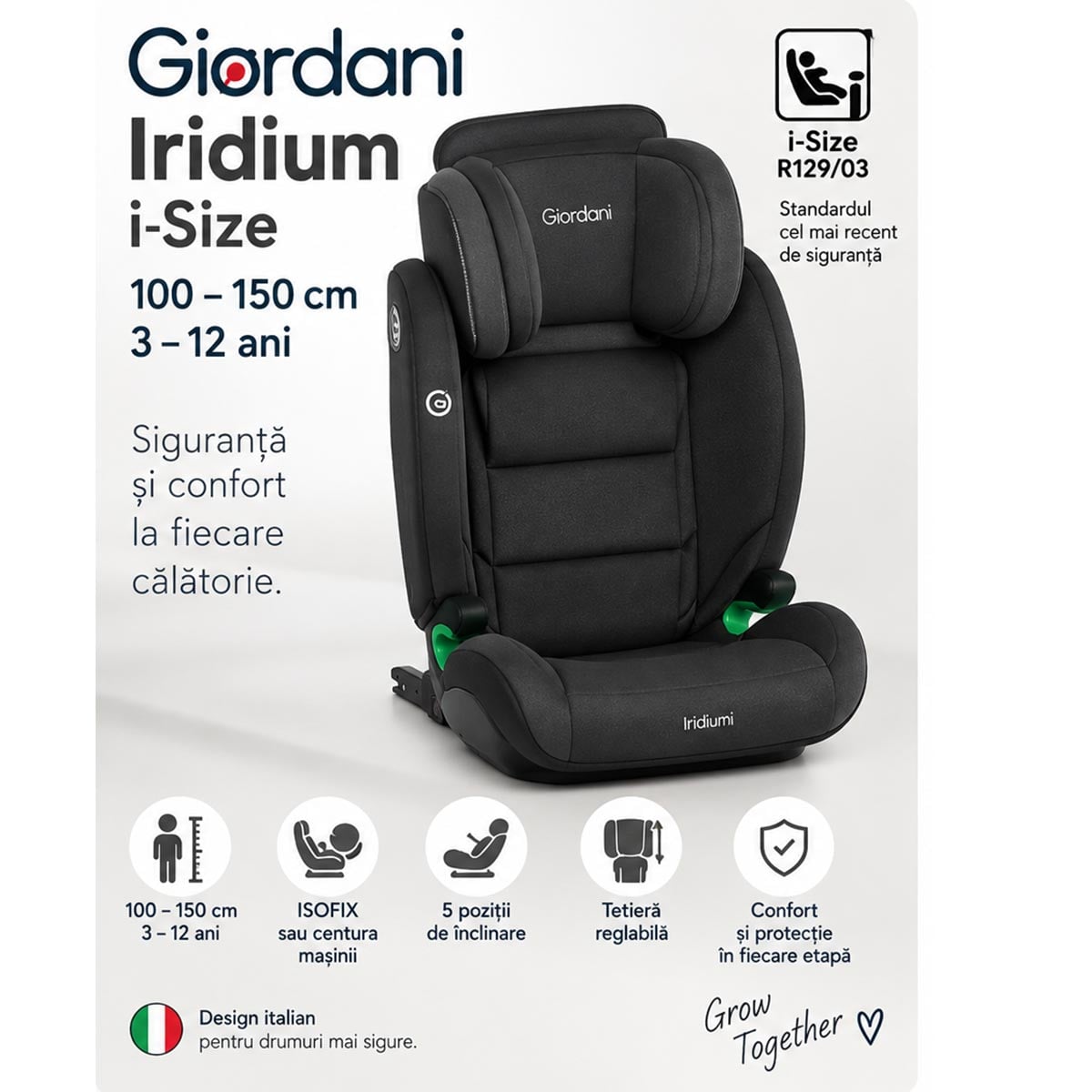 Scaun auto Giordani Iridium i-Size, 100–150 cm, ISOFIX, Black (negru), 3–12 ani
