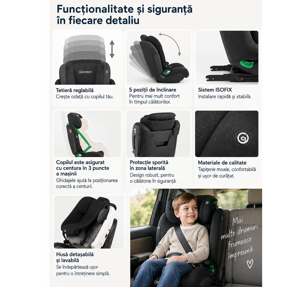 Scaun auto Giordani Iridium i-Size, 100–150 cm, ISOFIX, Black (negru), 3–12 ani