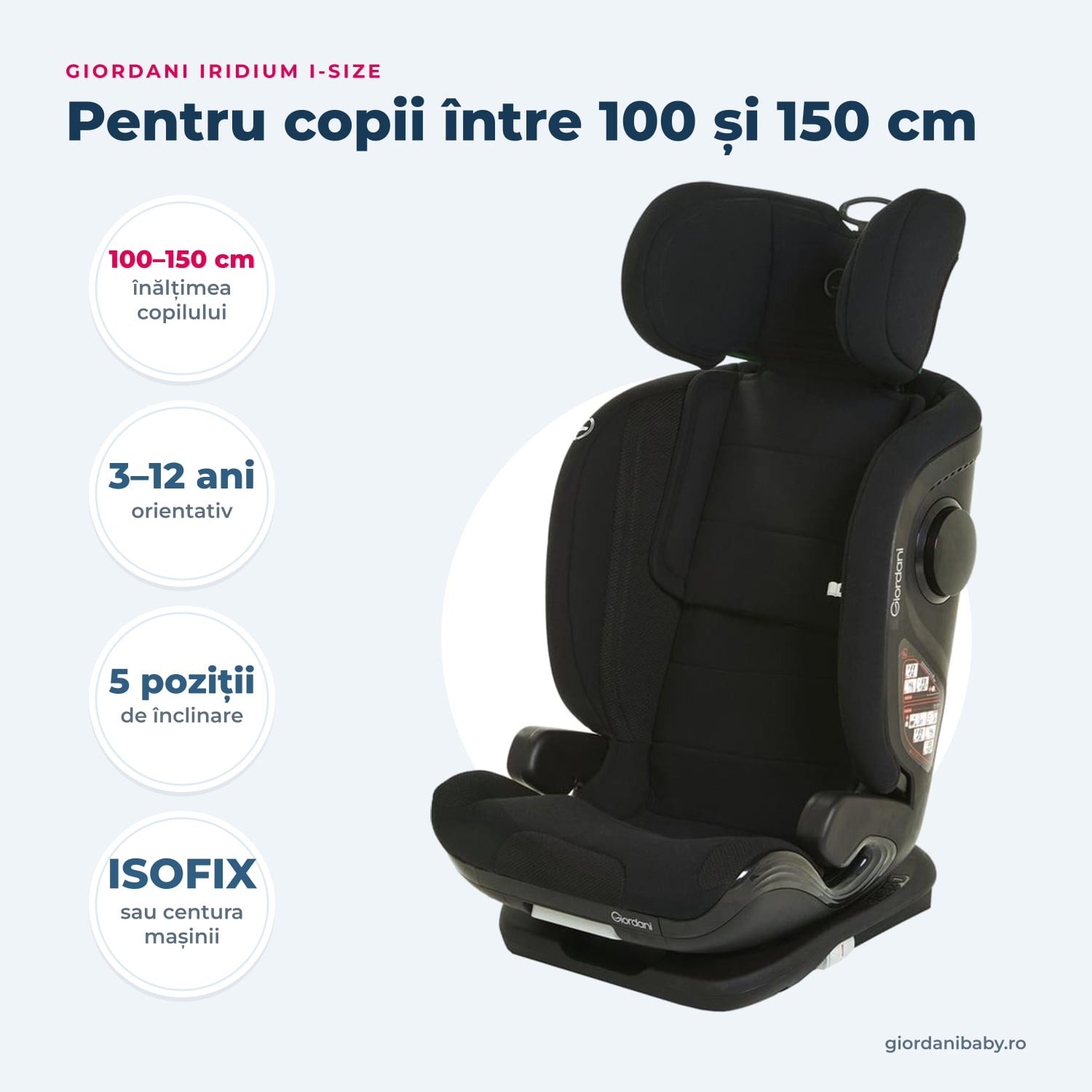 Giordani Iridium i-Size – înălțime, vârstă și reglaje pe scurt