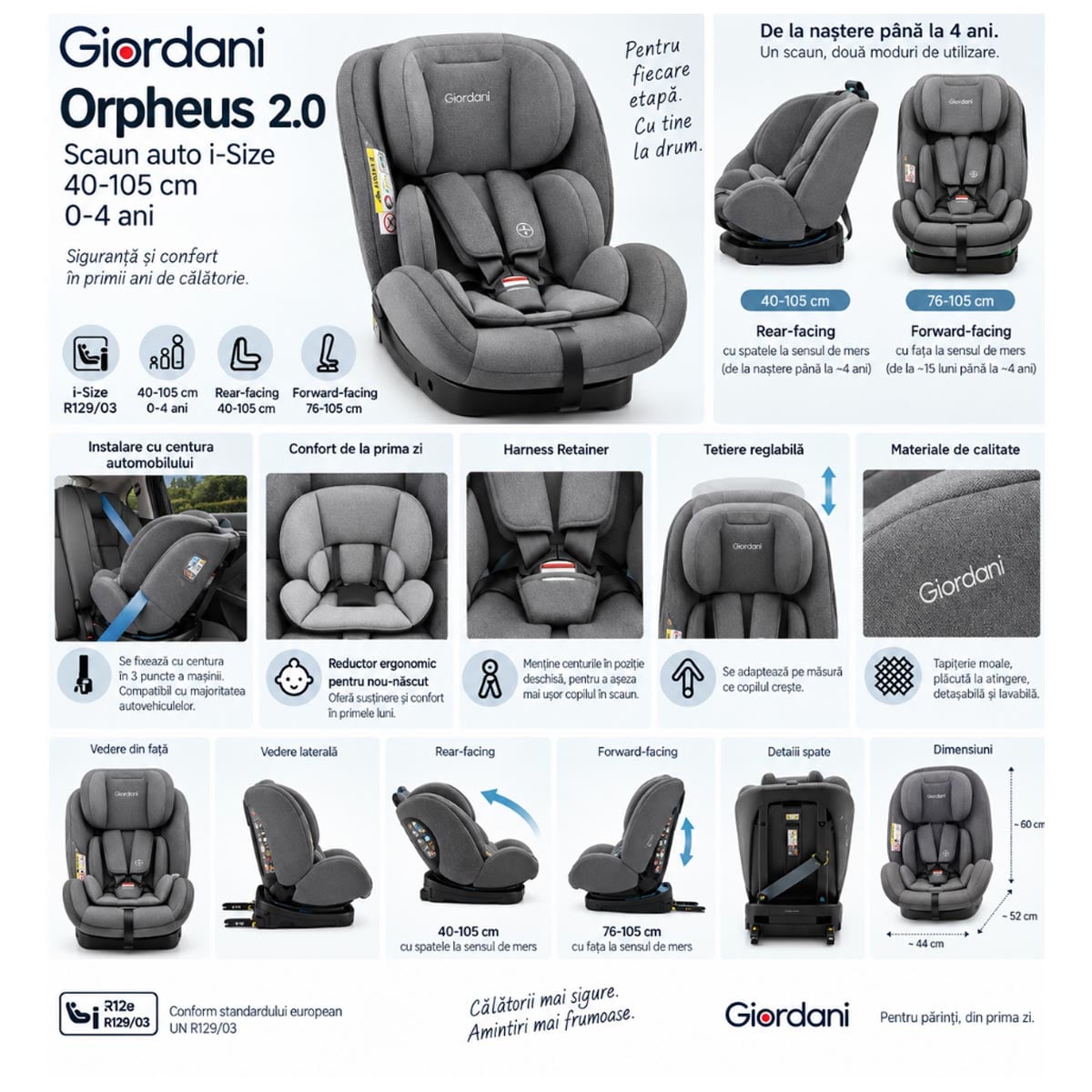 Scaun auto Giordani Orpheus 2.0 i-Size, 40–105 cm, rear-facing, Grey (gri), 0–4 ani