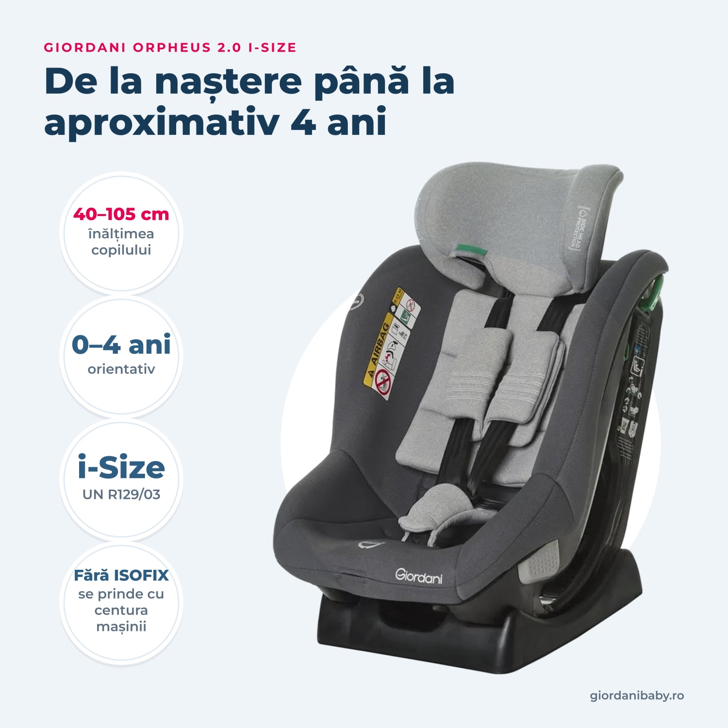Giordani Orpheus 2.0 i-Size – înălțime, vârstă și omologare pe scurt