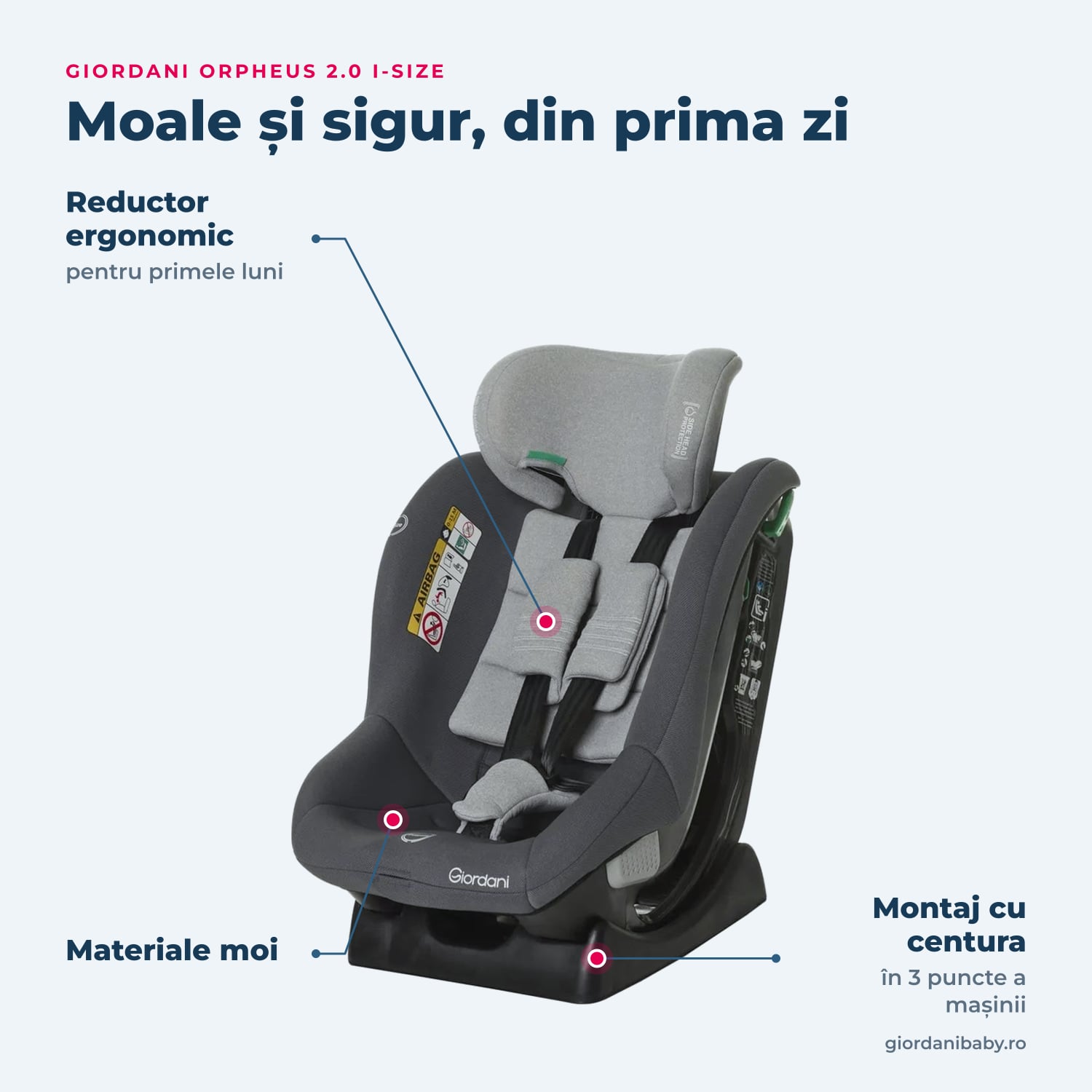 Giordani Orpheus 2.0 i-Size – dotările principale, arătate pe scaun