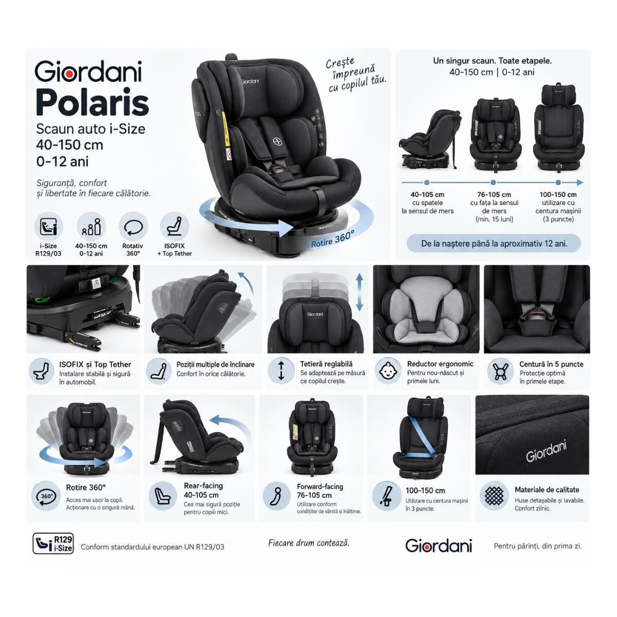 Scaun auto Giordani Polaris i-Size, 40–150 cm, rotativ 360, ISOFIX, Black (negru), 0–12 ani