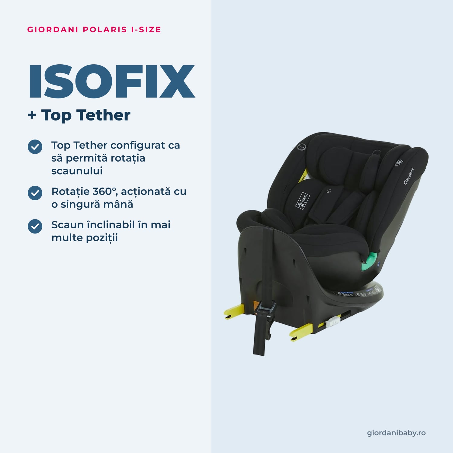 Giordani Polaris i-Size – prinderea ISOFIX și Top Tether
