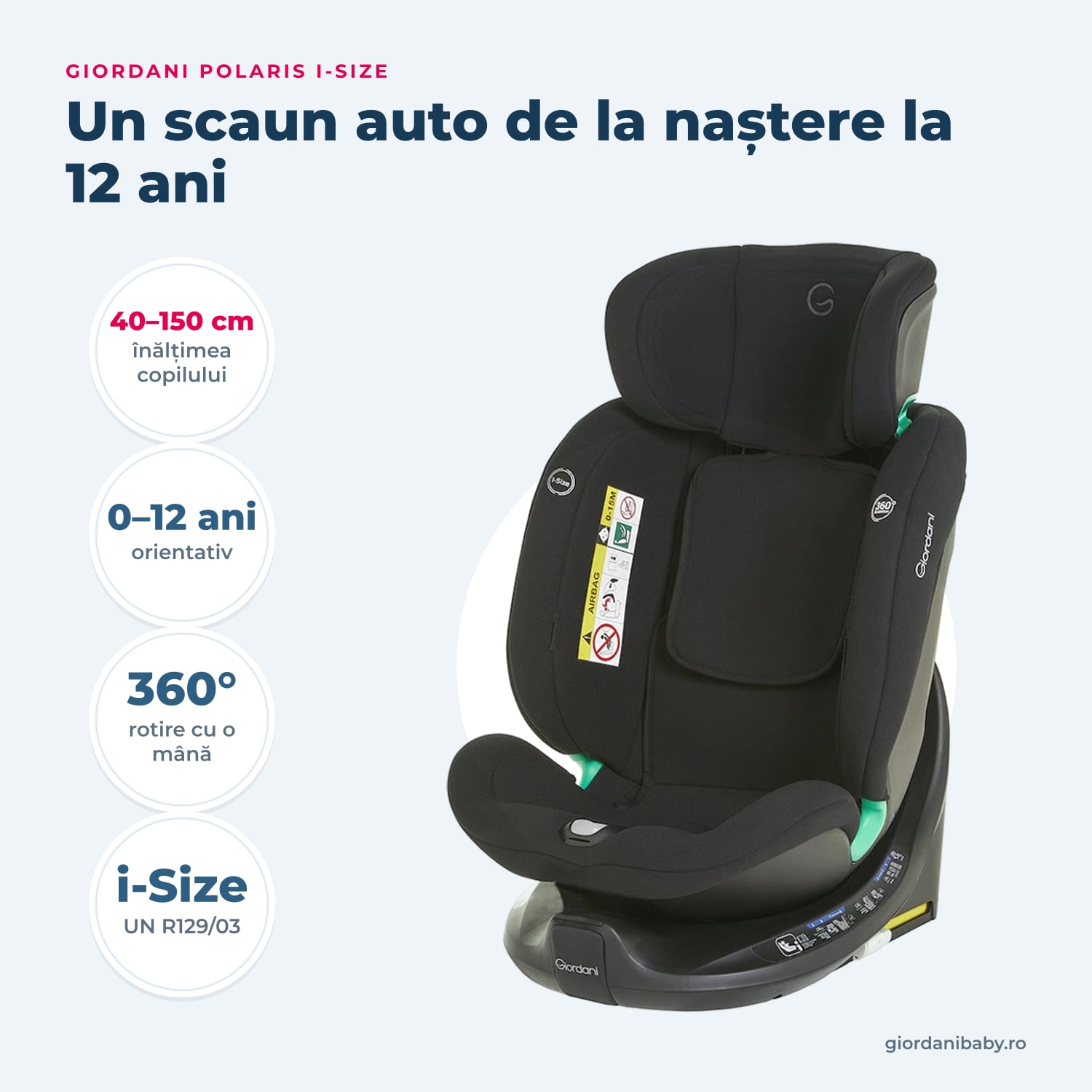 Giordani Polaris i-Size – înălțime, vârstă, rotație și omologare pe scurt