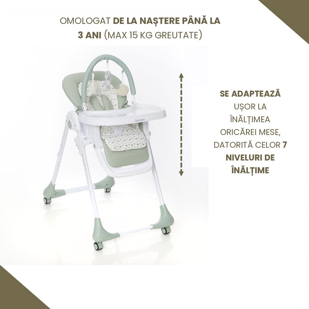 Scaun de masă 2 în 1 Giordani G-Lunch & Play, șezlong, green (verde), 0-15 kg