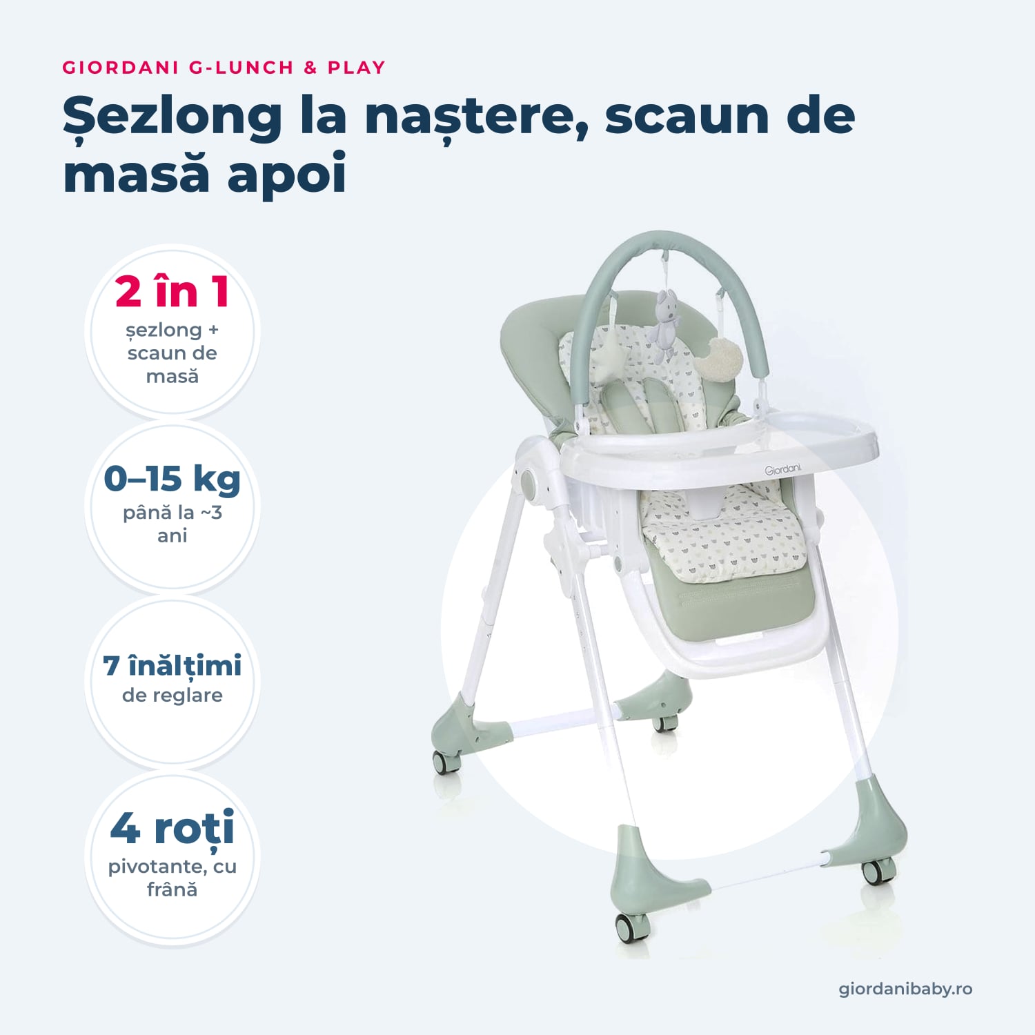 Giordani G-Lunch & Play – 2 în 1, vârstă și reglaje pe scurt